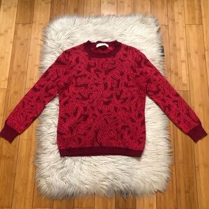 Camela Merino Wool Floral Metallic Long Sleeves Burgundy Red Sweater size M